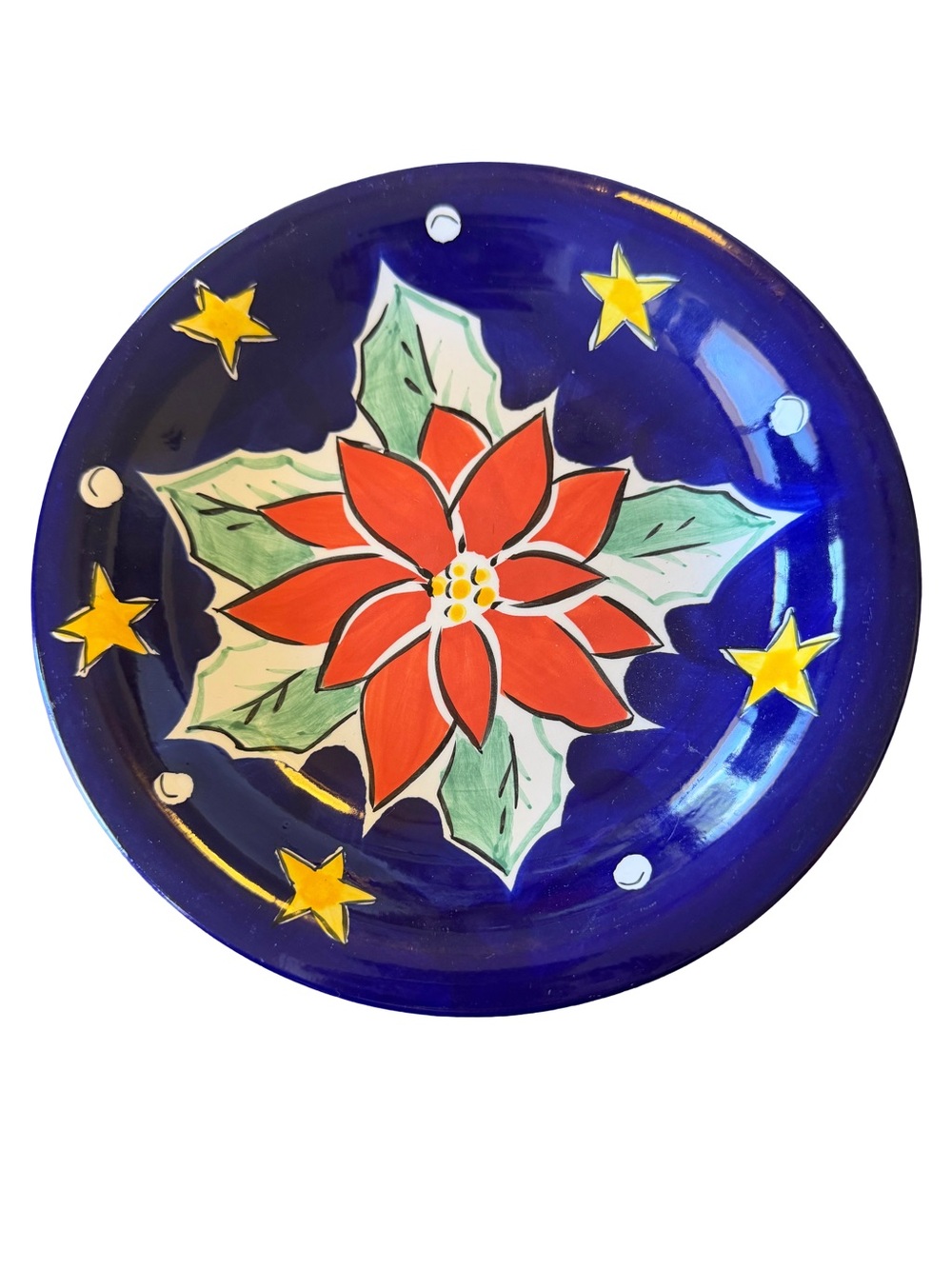 Gibson Red Poinsettia on Deep Blue Ceramic Plate 8 1/2 in.